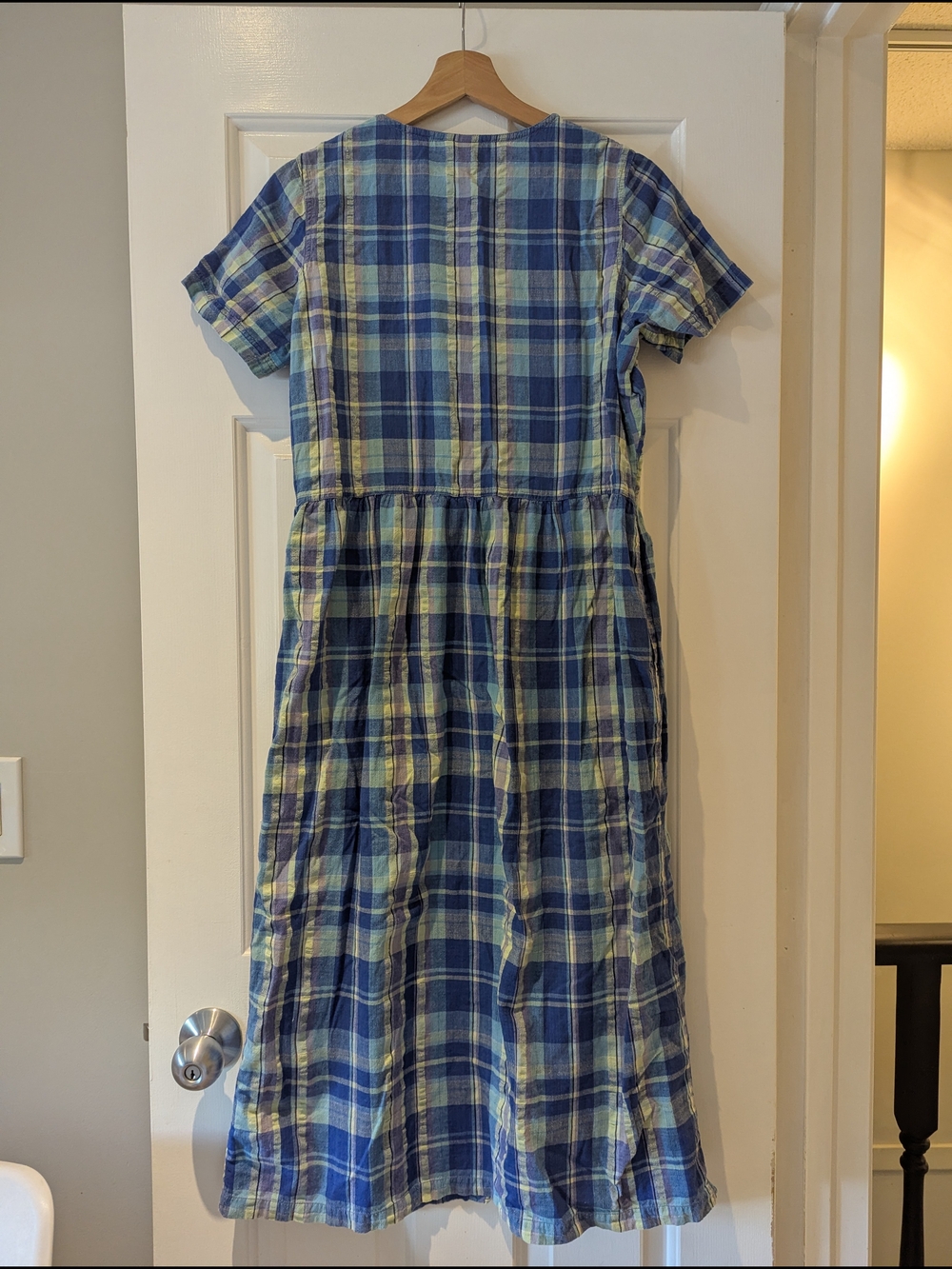Vintage 90s Blue Plaid Midi Maxi Button Front Cotton Dress Cottagecore Country S - Picture 10 of 13